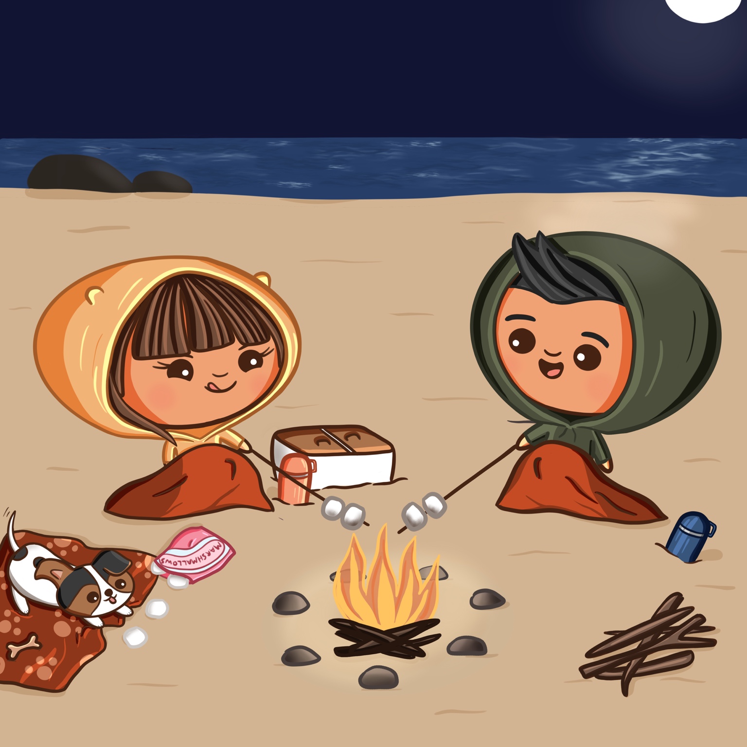 Two illustrated children sitting by a campfire with a dog at night.
