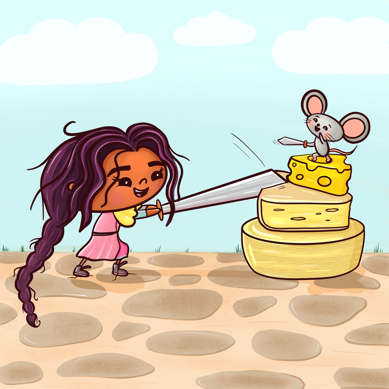 An illustrated girl pulling a large knife while a mouse stands on a stack of cheese.