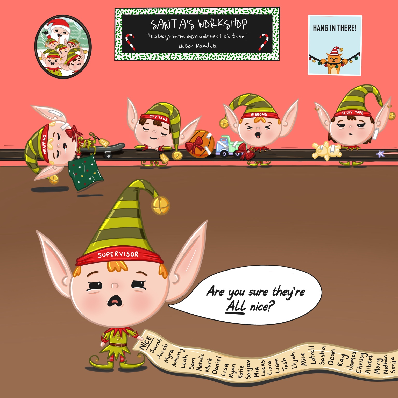 Illustrated Christmas elves working in Santa’s workshop.