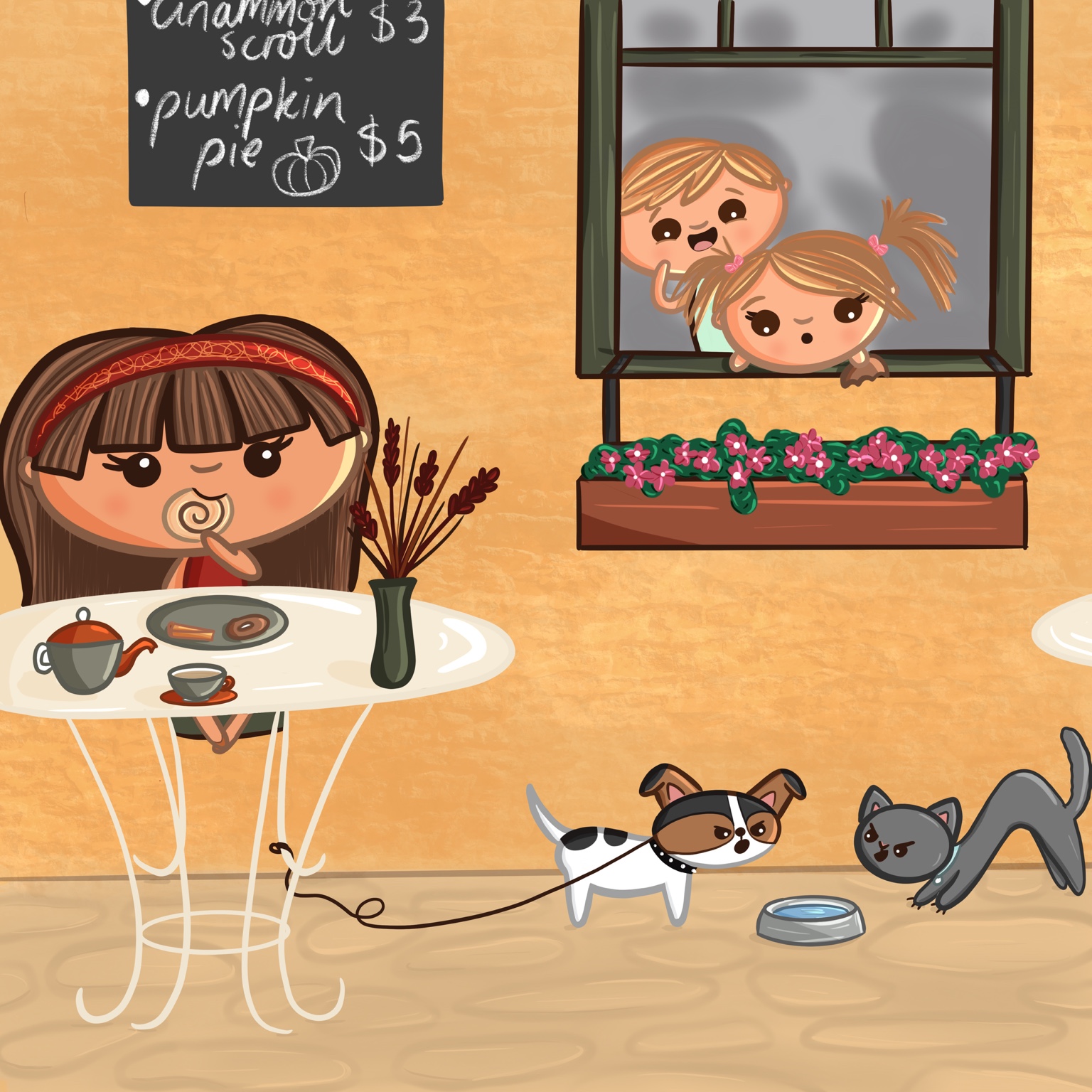 An illustrated café scene with a girl, a chalkboard menu, two children at a window, a dog and a cat.